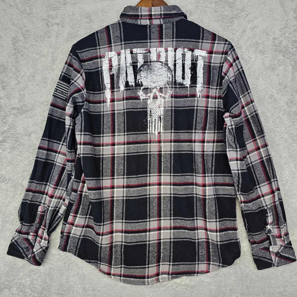 Howitzer Patriot Plaid Flannel Shirt‎ Men's Medium Skull Back Graphic Cotton